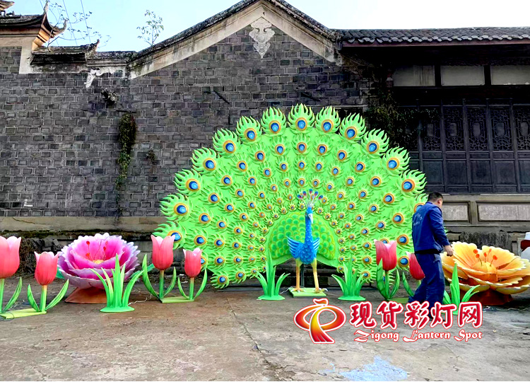 孔雀開(kāi)屏 精品花燈，散點(diǎn)草坪擺放花燈，精品彩燈