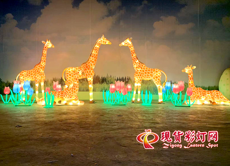 長頸鹿立體造型花燈，草坪散點(diǎn)擺放燈組